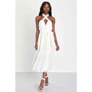 MSRP $79 Lulus Sensational Essence White Clip Dot Tiered Halter Midi Size S